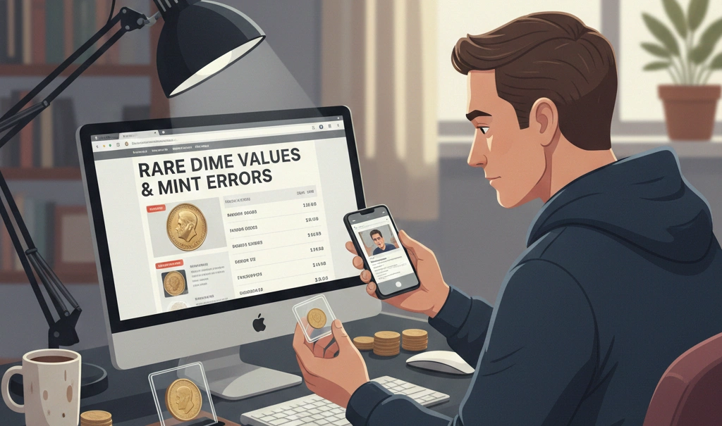 Person checking dime values online at home desk