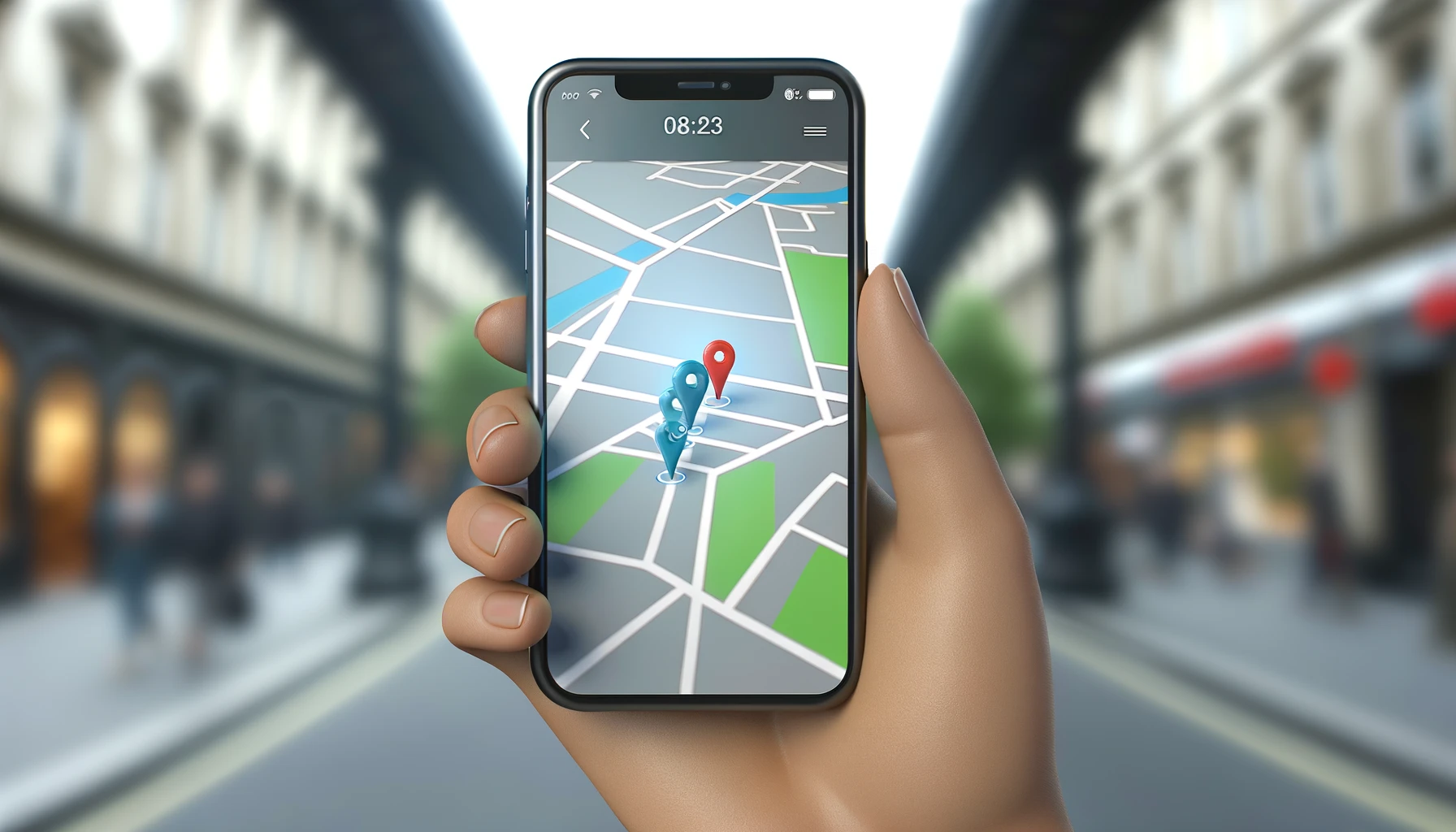 a smartphone held in a hand with an open location-sharing app on the screen.