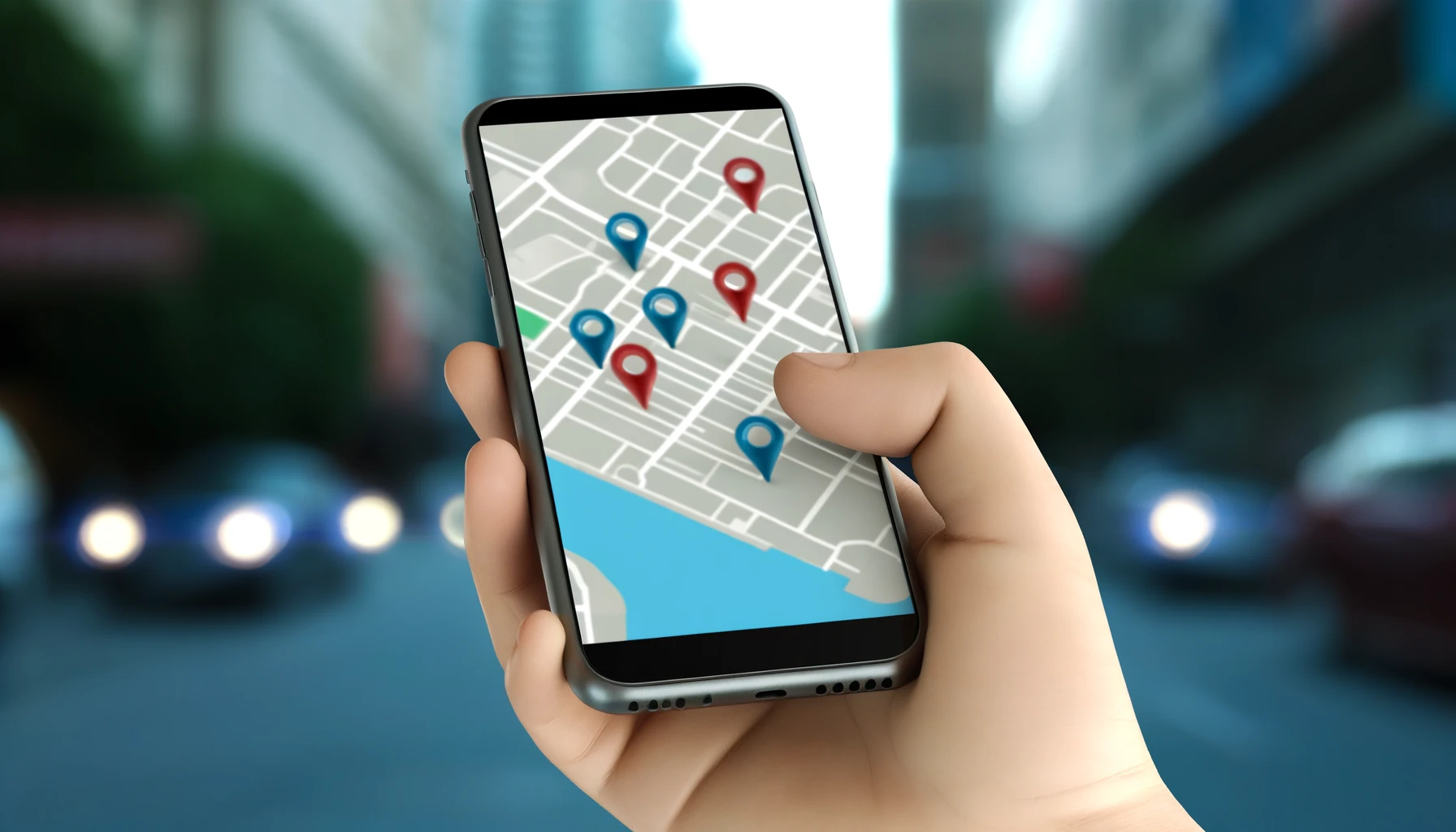 smartphone held in a hand with an open location-sharing app on the screen. The app displays a map with various pins marking locations of artisan shops in an urban environment.