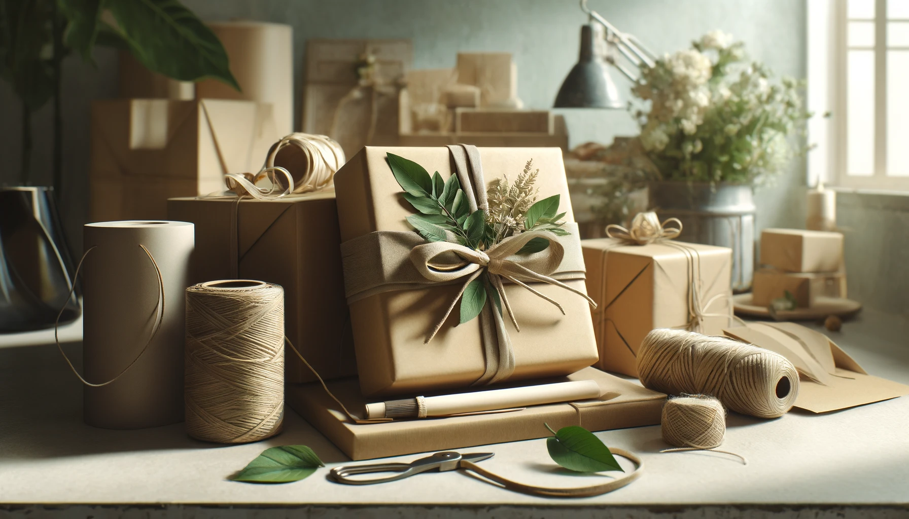 a beautifully arranged gift wrapping scene for a handmade gift. The setting includes eco-friendly, elegant packaging materials such as recycled brown paper, natural twine, and fresh green leaves as decorations.