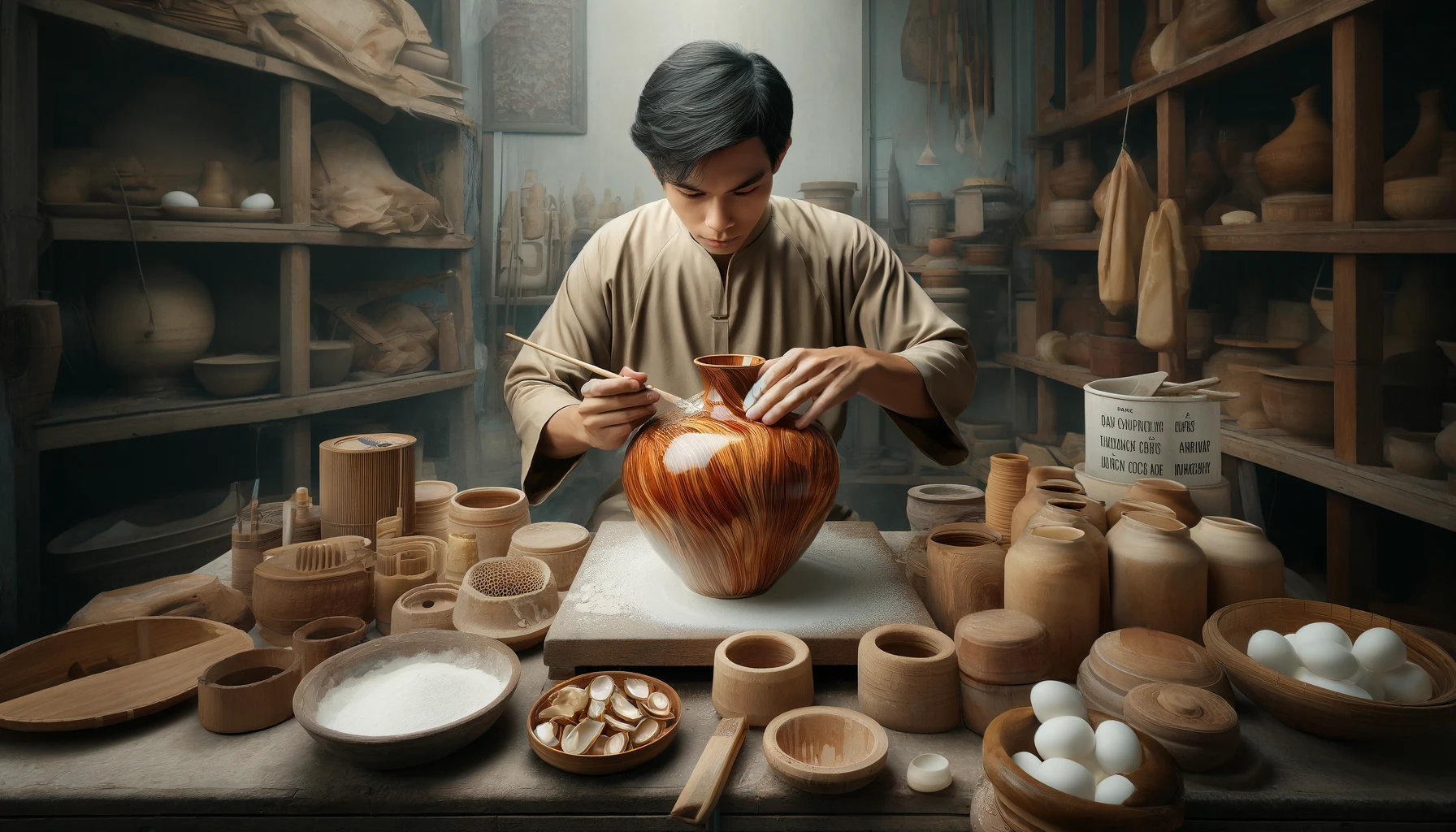 a Vietnamese artisan crafting traditional lacquerware in a workshop. The scene captures the meticulous process of applying layers of lacquer to a wooden vase.