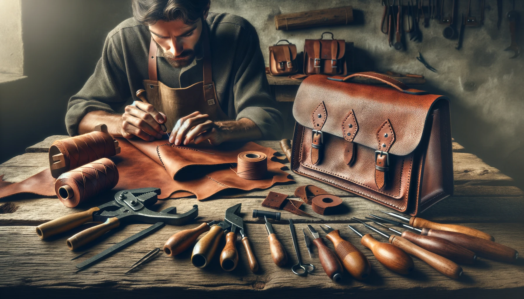 an artisan crafting a handmade eco-leather satchel in a rustic workshop.