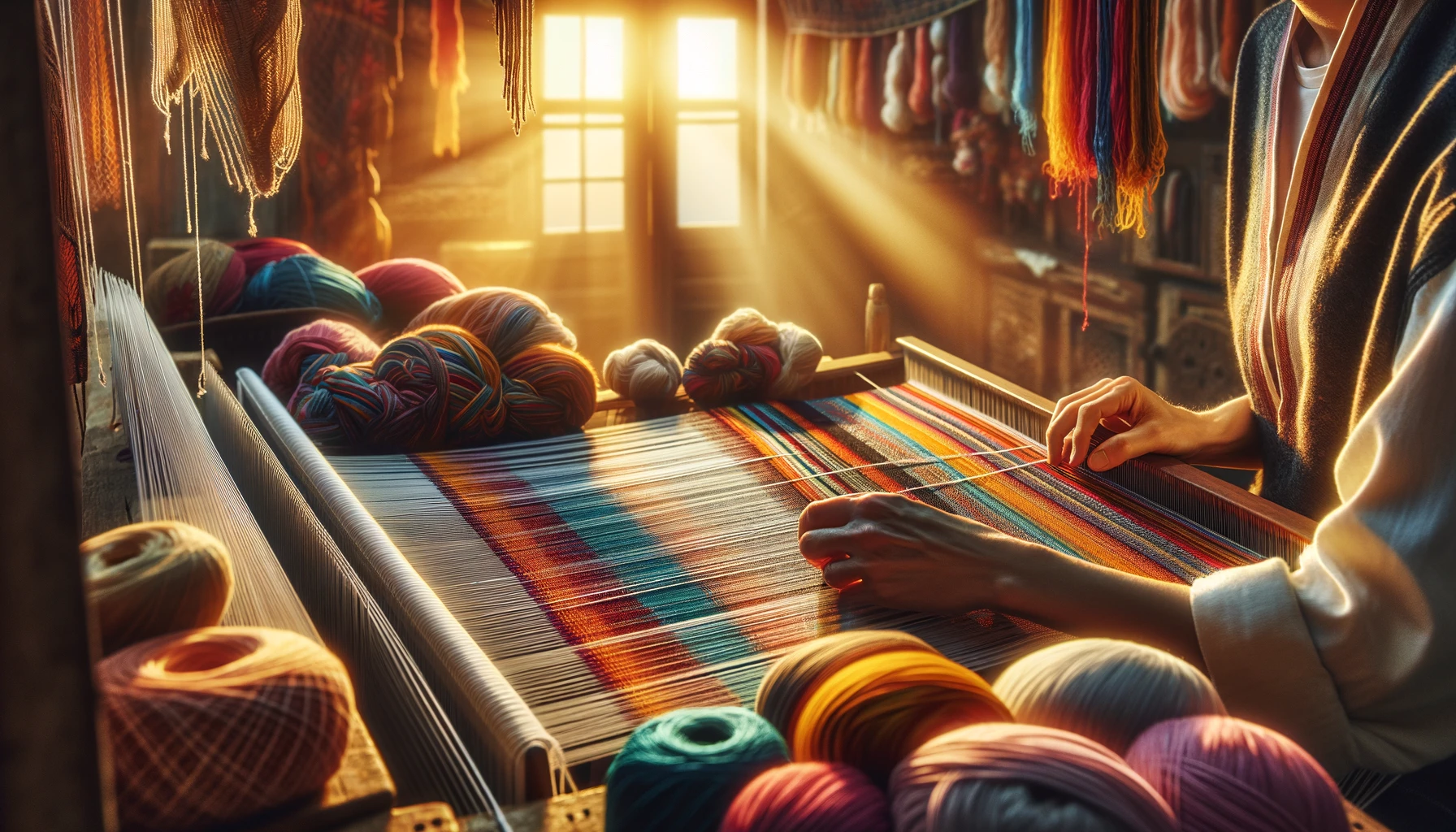 a skilled artisan creating a handwoven scarf with vibrant colors. The setting captures the artisan at work in a sunlit studio surrounded by yarns of various colors.