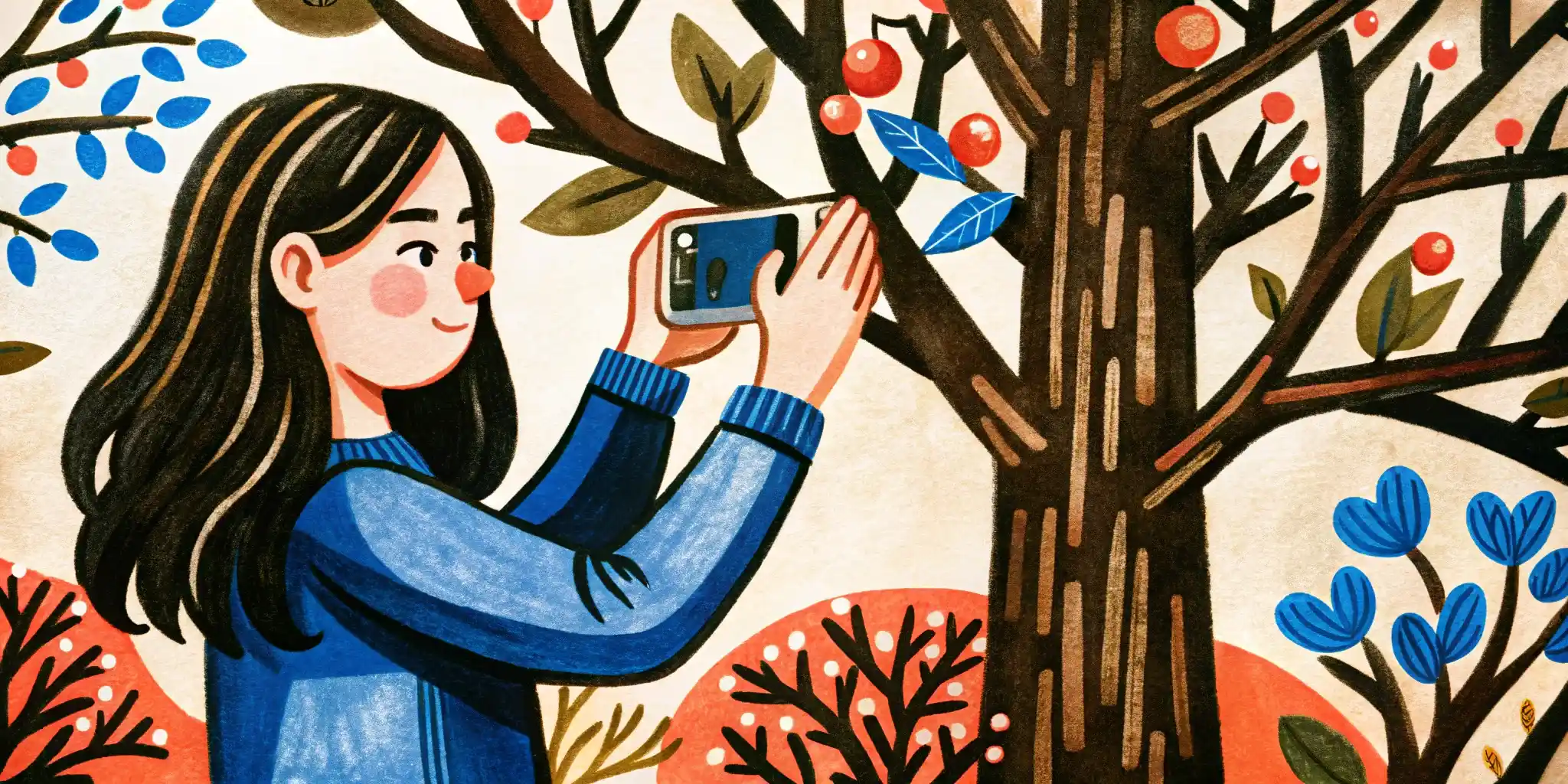 a young woman is taking pictures of a tree by phone