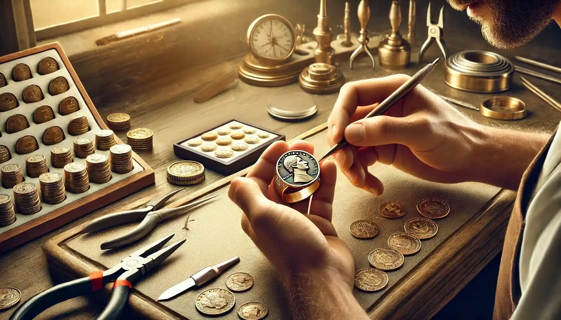 An artisan is working on a custom coin ring in a refined jewelry workshop.