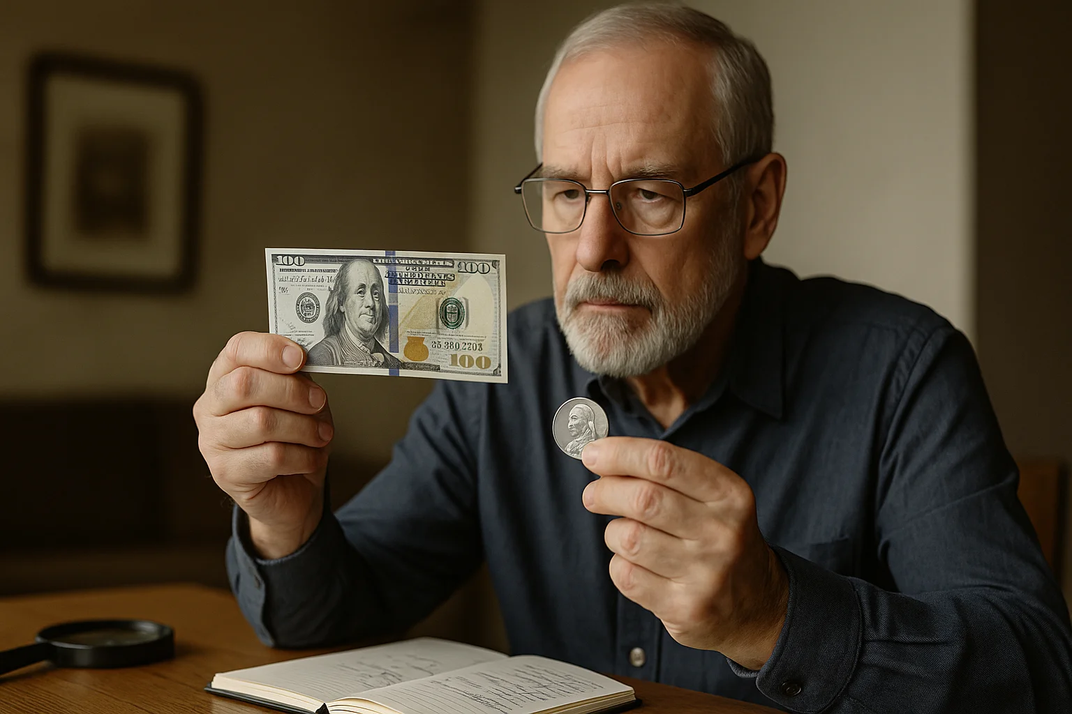 An elderly collector examines a $100 bill and a silver coin featuring Benjamin Franklin, with a magnifying glass and notes on the table.