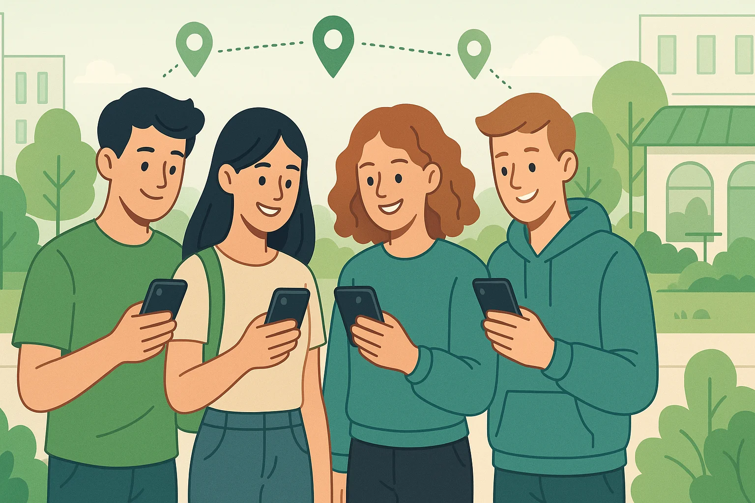 A group of friends checking locations via their smartphone apps.