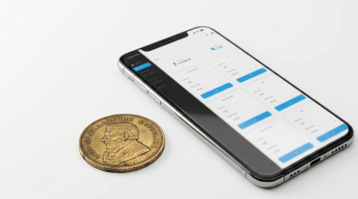 Close-up of a rare coin placed next to a smartphone