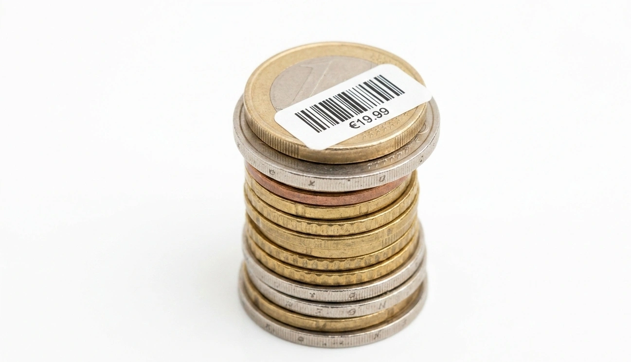 Close-up of stacked coins with a small barcode label